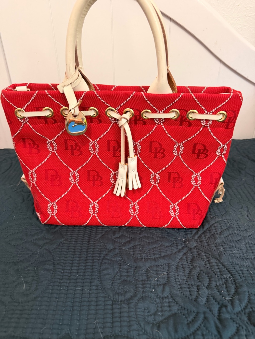 Dooney & Bourke Red Canvas Tote with Cream Handles